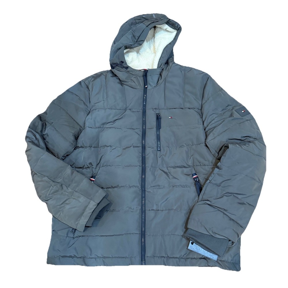 Tommy Hilfiger Men's Black Solid Quilted Puffer Sherpa‎ Hood Lined Jacket